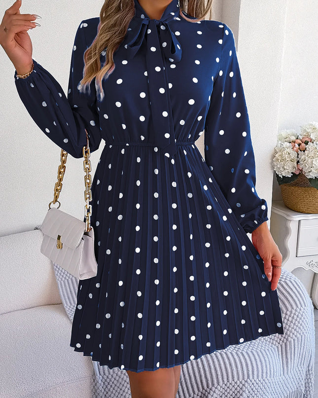 Polka Dot Lace-Up Pleated Dress