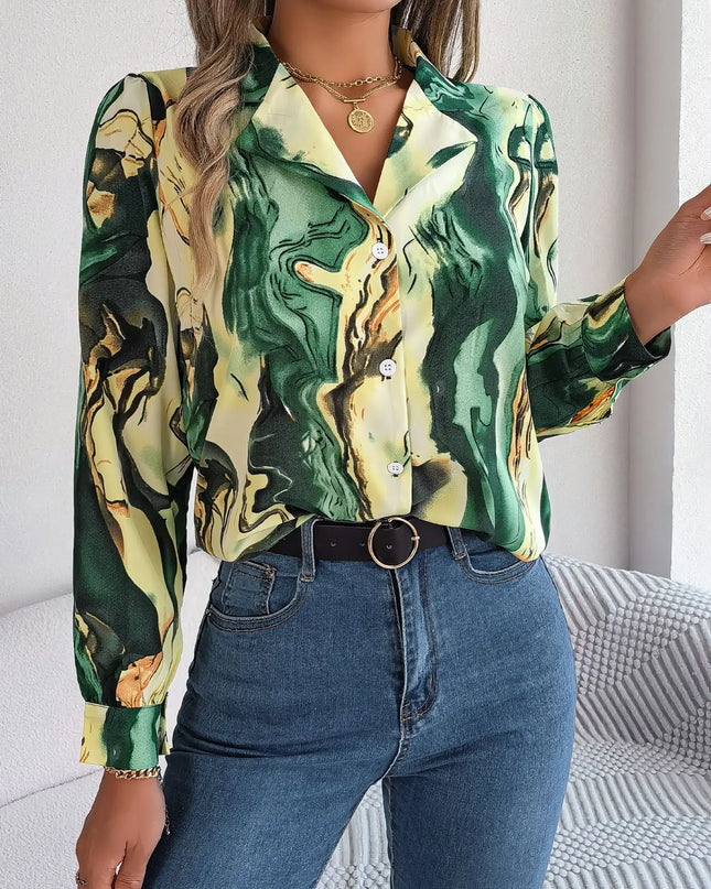 Notched Long Sleeve Single Breasted Blouse