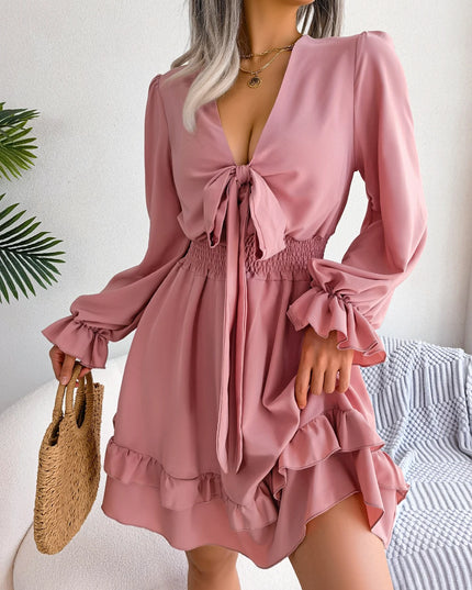 Bow Flare V Neck Ruffled Mini Dress