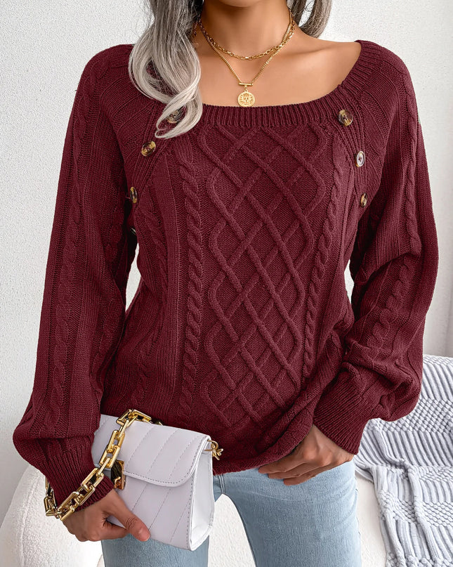 Square Collar Button Knit Pullover