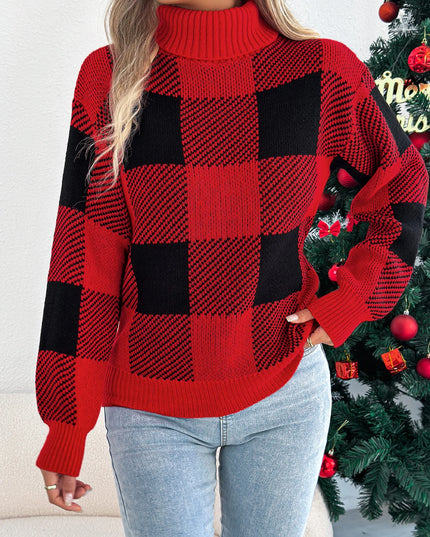 Plaid High Neck Pullover Sweater