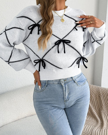 Contrast Bow Knit Lantern Sleeve Sweater