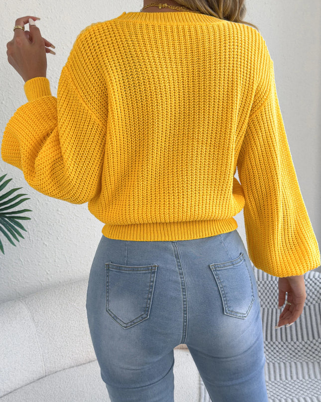 Solid Lantern-Sleeve Knit Sweater
