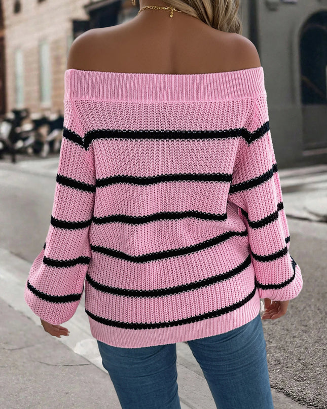 Off-Shoulder Striped Lantern Sleeve Sweater