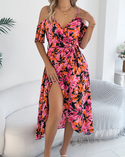 Off Shoulder Floral Print Long Dress with Belt