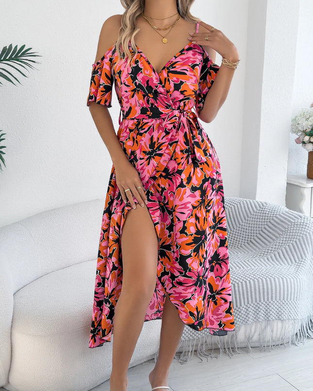 Off Shoulder Floral Print Long Dress with Belt