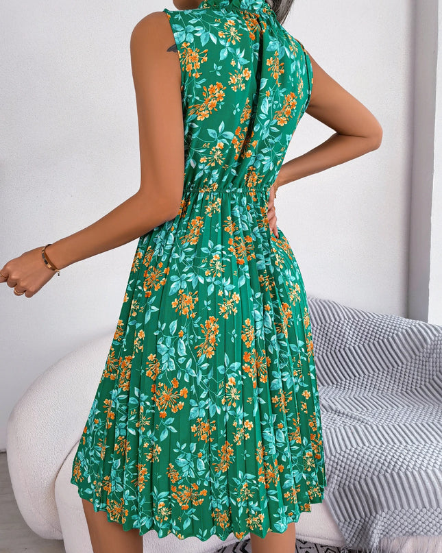 Floral Print Sleeveless Pleated Dress