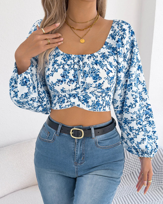 Floral Print Square Neck Chiffon Crop Top