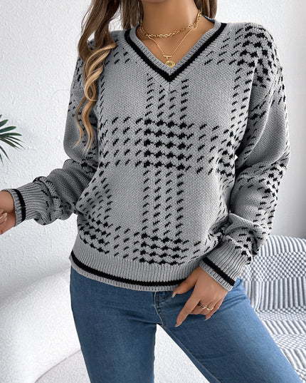 V Neck Color Block Knit Sweater