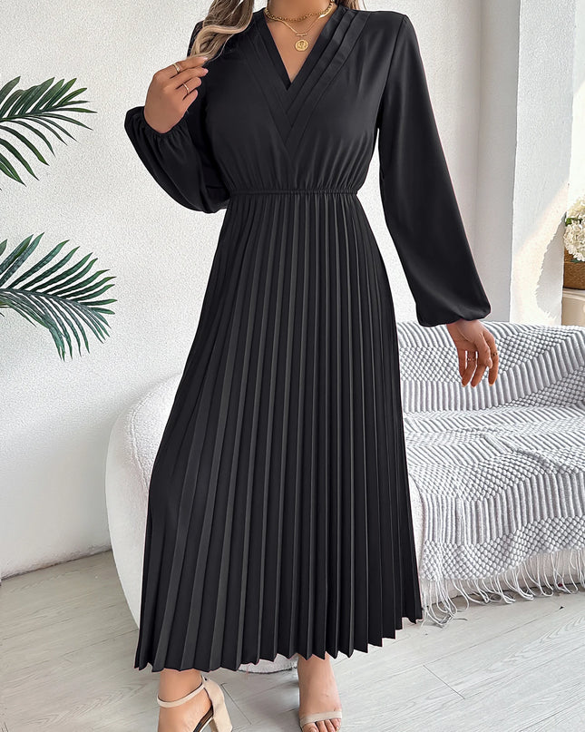 V Neck High Waist Pleated Maxi Dress