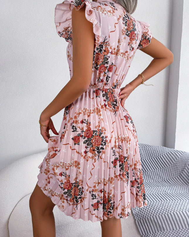 Floral Print Bow Slim Waist Pleated Dress