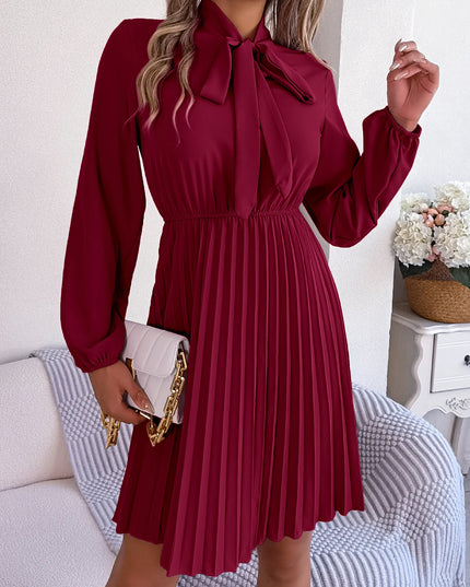 Bow Long Sleeve Chiffon Pleated Dress