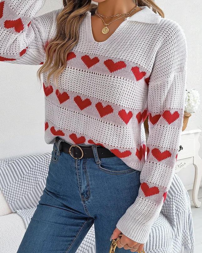 V Neck Heart Pattern Pullover