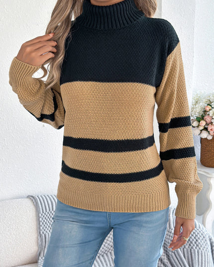 Striped Turtleneck Lantern Sleeve Sweater