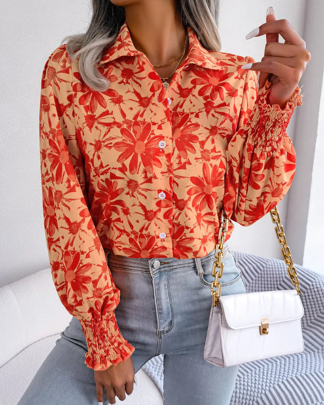 Floral Chiffon Lantern Sleeve Shirt
