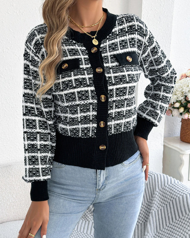 Contrast Plaid Knitted Cardigan