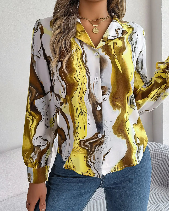 Notched Long Sleeve Single Breasted Blouse