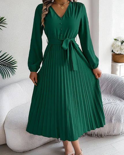 Button V Neck Lace Up Pleated Dress