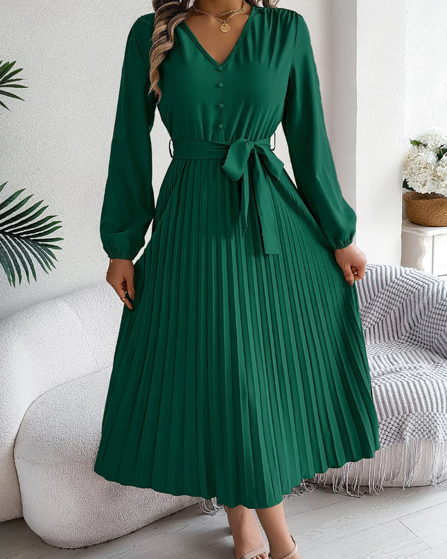 Button V Neck Lace Up Pleated Dress
