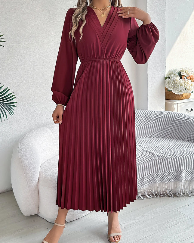 V Neck High Waist Pleated Maxi Dress