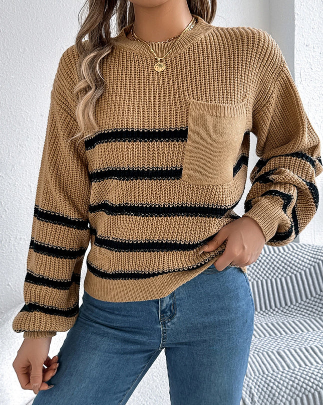 Pocket Striped Round Neck Sweater