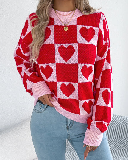 Plaid Heart Pattern Knit Sweater