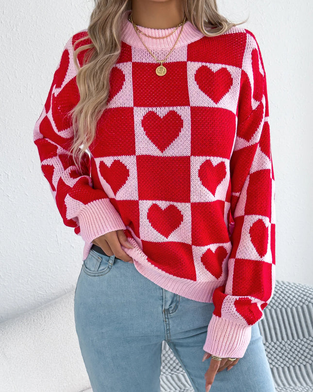 Plaid Heart Pattern Knit Sweater