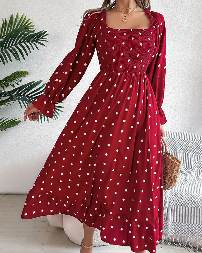 Polka Dot Square Neck Long Dress