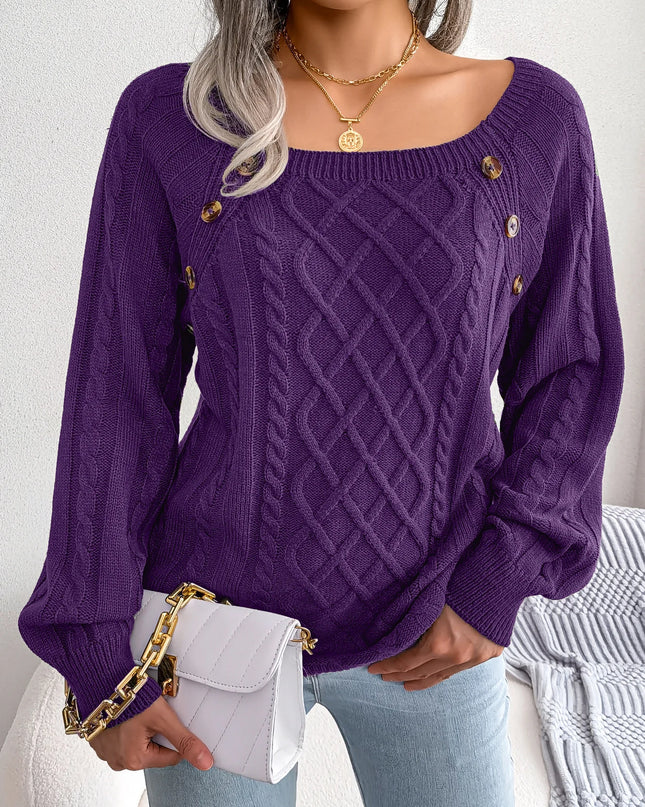 Women Square-Neck Button Knit Sweater
