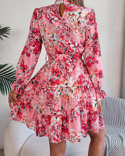 Flower Print Standing Neck Ruffle Edge Dress