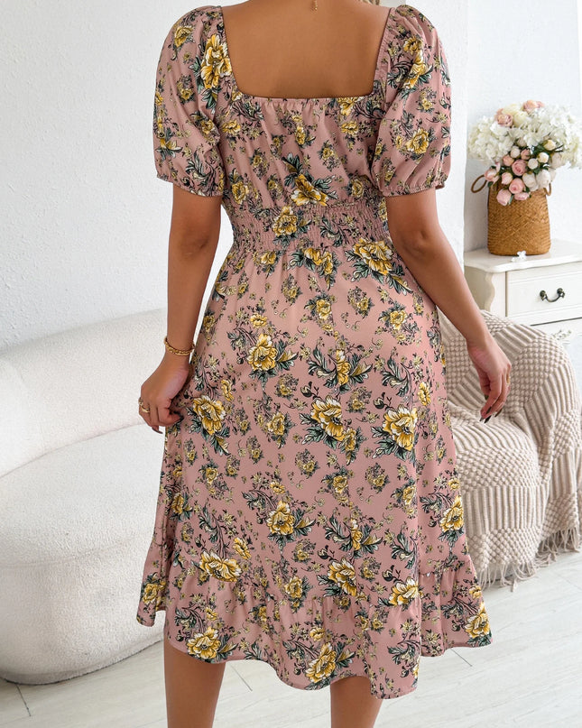 Ruffled Short Sleeve Floral Midi Dress
