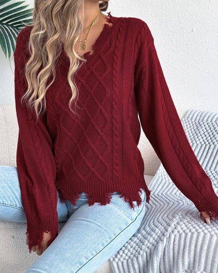 Ripped Tassel Lantern Sleeve Knit Sweater