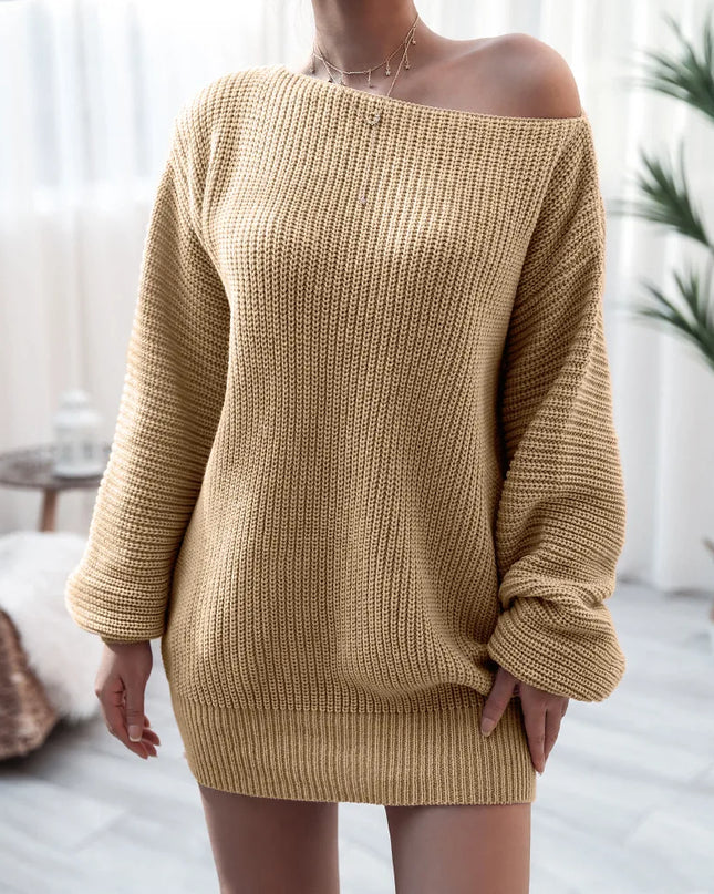 Wool-Blend Slash Neck Mini Dress