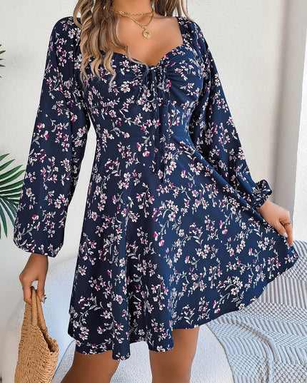 Floral Square Neck Drawstring Dress