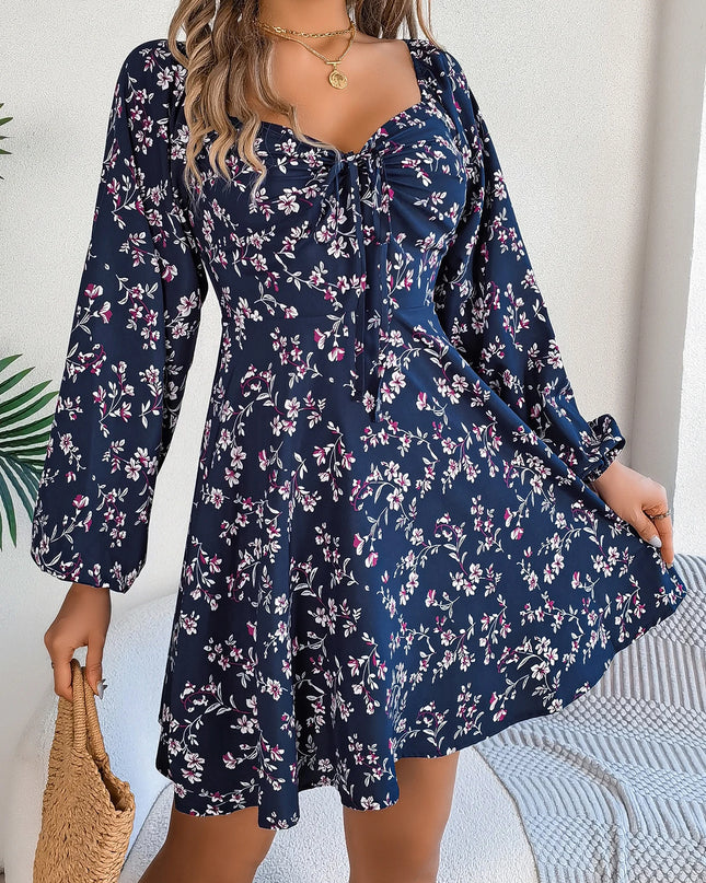 Floral Square Neck Drawstring Dress
