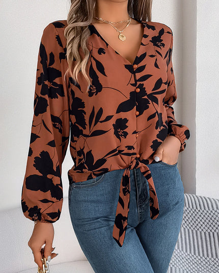 Flower Print Lace Up Bow Chiffon Blouse