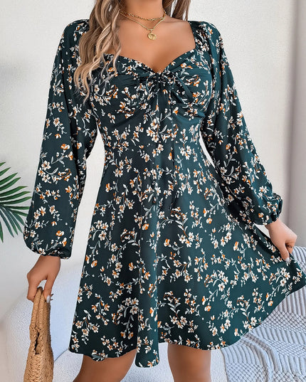 Floral Square Neck Drawstring Dress