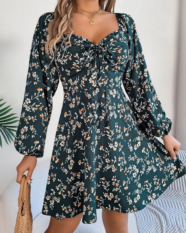 Floral Square Neck Drawstring Dress