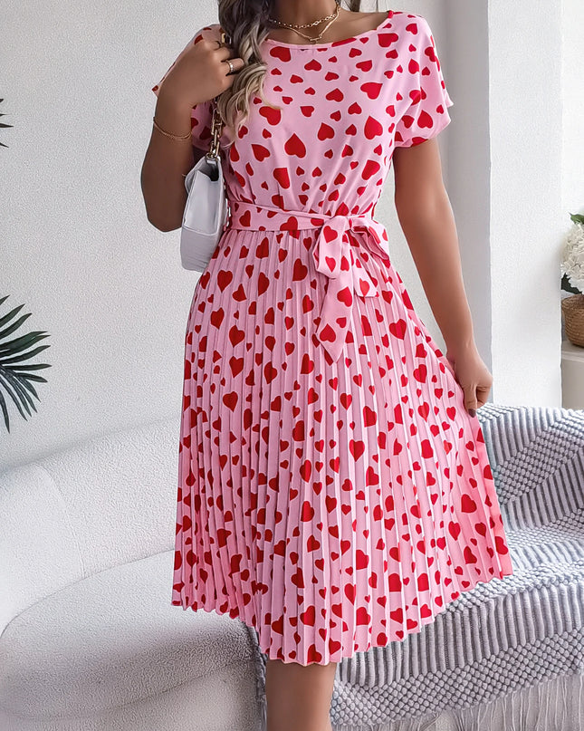 Heart Print Pleated Short Sleeve Dress