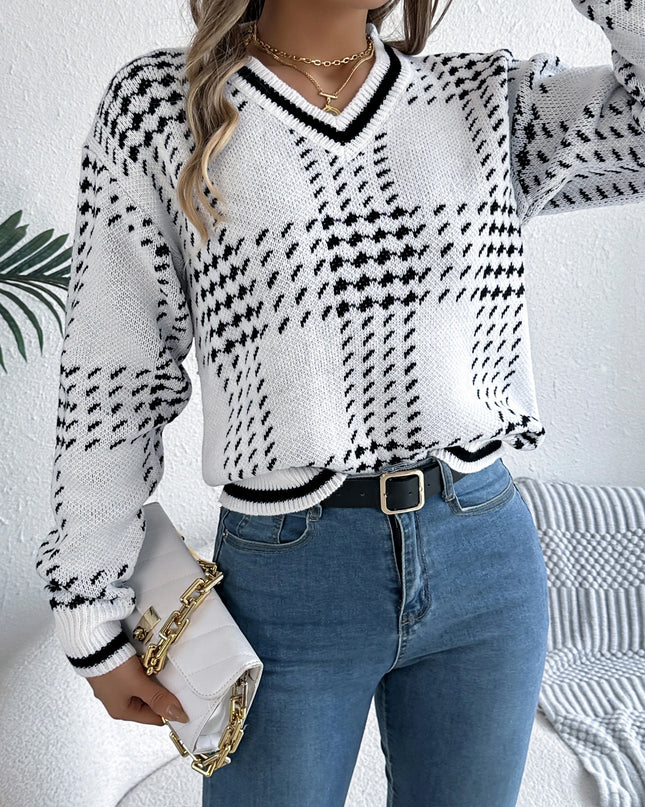 V Neck Color Block Knit Sweater