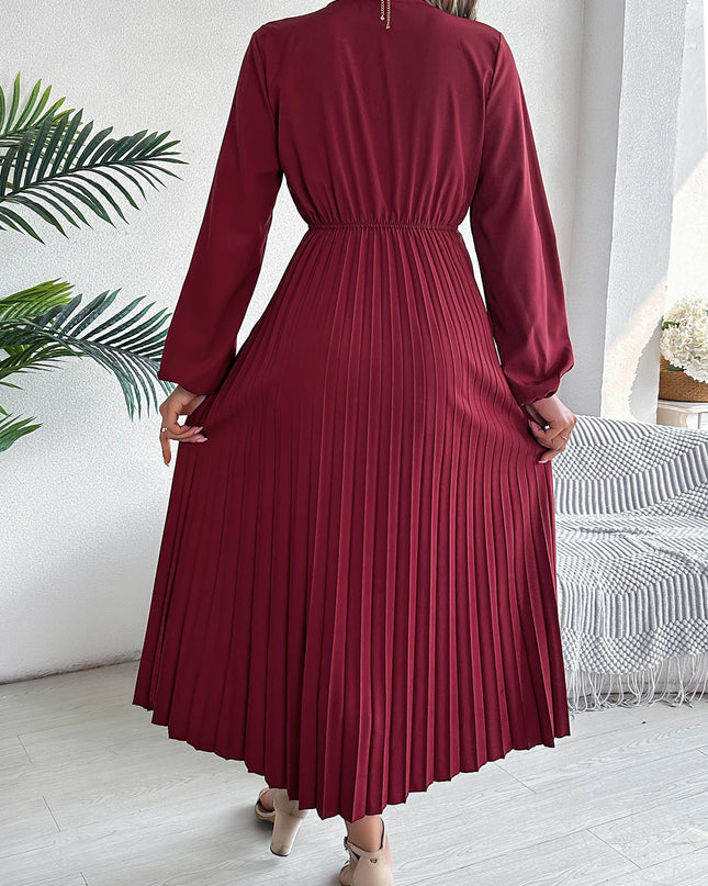 V Neck High Waist Pleated Maxi Dress