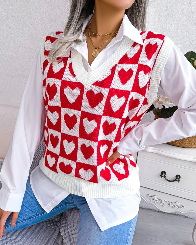 Heart Pattern Sleeveless Sweater Vest