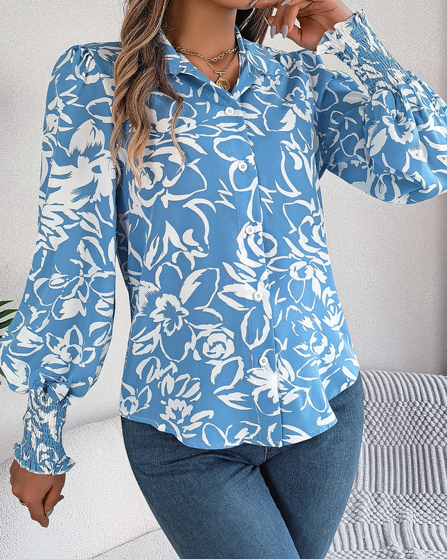 Flower Printed Lantern Sleeve Chiffon Blouse