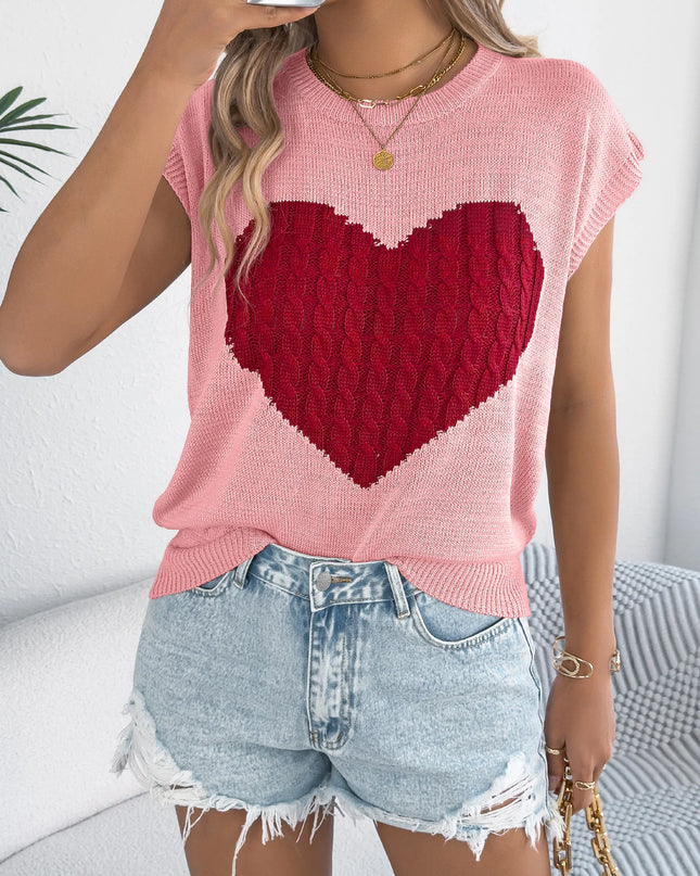 Heart Pattern Short Sleeve Knit Top