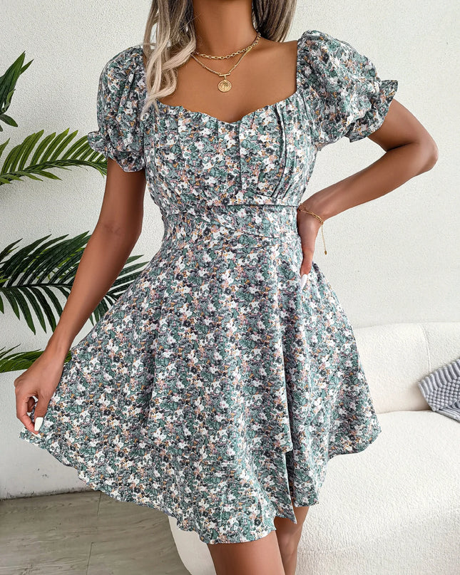 Floral Pleated Short Sleeve Dress
