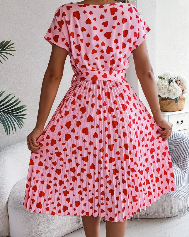 Heart Print Pleated Short Sleeve Dress