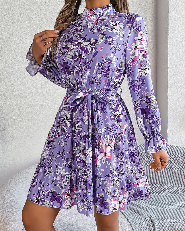 Flower Print Standing Neck Ruffle Edge Dress