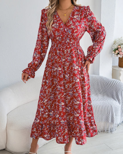 V Neck Floral Ruffled Maxi Dress
