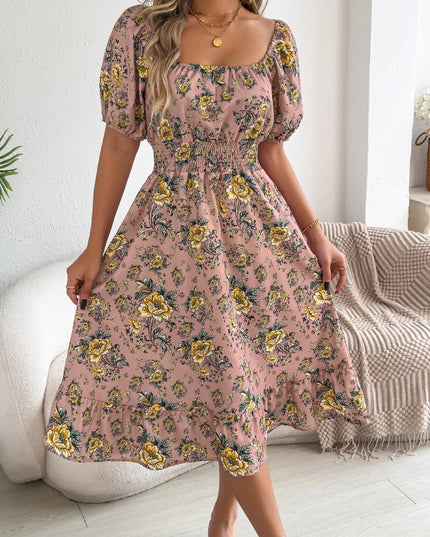 Ruffled Short Sleeve Floral Midi Dress