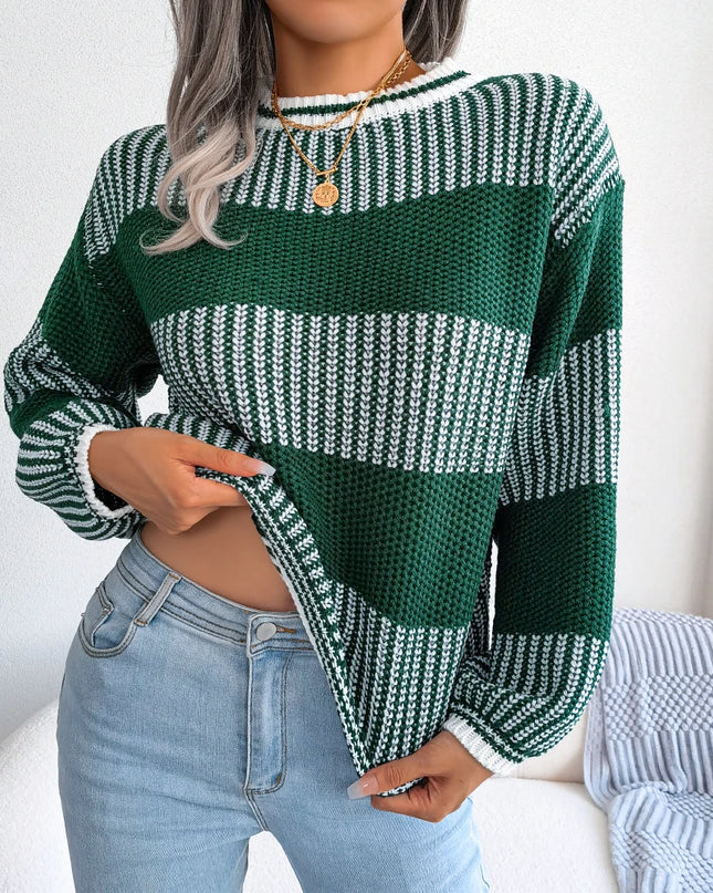 Contrast Striped Round Neck Pullover